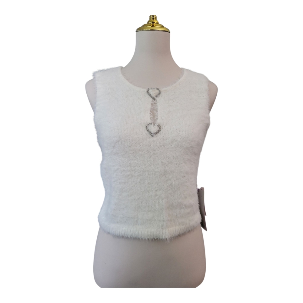 Johnny Wujek JCPenney White Fuzzyβ Sleeveless Top L Rhinestone Hearts Y2K NWT
